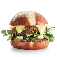 Pub Burgers with Hot Beer Cheese on Soft Pretzel Rolls ... image
