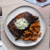 Rib Eye Steak With Blue Cheese Compound Butter And Crispy ... image