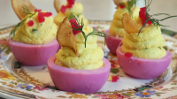 Drunken Deviled Eggs With Pickled Beets and Root Chips ... image