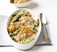 Flambéed chicken with asparagus recipe | BBC Good Food image