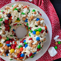 Easy No Bake Popcorn Cake with Marshmallows, M&M's and Peanuts image