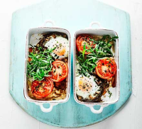 Mushroom baked eggs with squished tomatoes recipe | BBC ... image