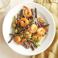 Shrimp with Ginger-Garlic Red Noodle Beans Recipe | MyRecipes image