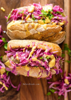 German Bratwurst hot dog with red cabbage sauerkraut image