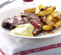 Rib-eye steak with basil hollandaise recipe | BBC Good Food image