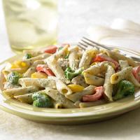 Creamy Basil Pasta With Chicken & Vegetables Recipe | Land ... image