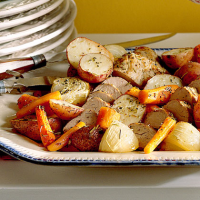 Oven-Roasted Vegetables and Pork Recipe | MyRecipes image