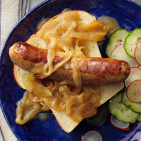 Open-Faced Bratwurst Sandwiches with Beer Gravy Recipe ... image