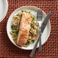 15-Minute Salmon & Creamy Orzo with Spinach & Mushrooms ... image