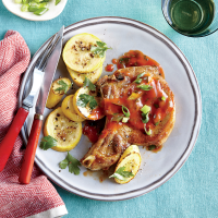 Pork Chops with Tomato Gravy and Squash Recipe | MyRecipes image