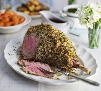 Herb-crusted leg of lamb with red wine gravy recipe | BBC Good Food - BBC Good Food | Recipes and cooking tips image