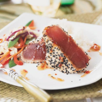 Sesame-crusted Tuna with Teriyaki Stir-Fry Recipe | MyRecipes image