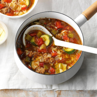 Italian Sausage and Zucchini Soup Recipe: How to Make It - Taste of Home: Find Recipes, Appetizers, Desserts, Holiday Recipes & Healthy Cooking Tips image