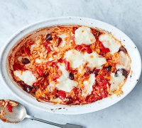 Baked tomato & mozzarella orzo recipe | BBC Good Food image