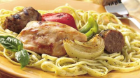 Grilled Chicken, Sausage, Onions and Peppers over Linguine ... image