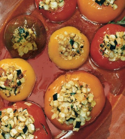Heirloom Tomatoes Stuffed with Corn and Zucchini Succotash ... image