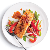 Quick Broiled Salmon with Vegetables Recipe | MyRecipes image