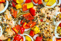 BAKED SALMON WITH PEPPERS AND ONIONS RECIPES