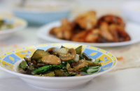 Eggplants, bok choy and mushrooms in oyster sauce image