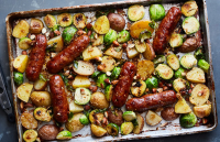 Sheet-Pan Sausages and Brussels Sprouts With Honey Mustard ... image