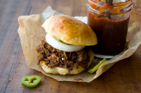 Chopped beef sandwich with a spicy barbecue sauce ... image