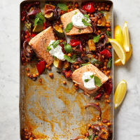 Roasted salmon with chickpeas, zucchini, and red pepper ... image