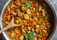 One Pot Chicken Sausage and Rice Skillet | Al Fresco image