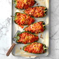 Easy Stuffed Poblanos Recipe: How to Make It - Taste of Home: Find Recipes, Appetizers, Desserts, Holiday Recipes & Healthy Cooking Tips image