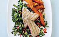 Tuna steaks with sweet potato wedges and greens - Healthy ... image