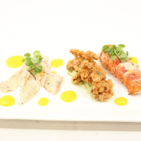 Poached Lobster Tails, and Fried Oyster with Mango and ... image