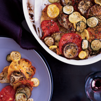 Crisp Tomato, Zucchini and Eggplant Bread Gratin Recipe ... image