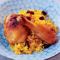 Persian Roasted Chicken with Dried Cherry-Saffron Rice Recipe image