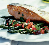 Crisp-skin fish with asparagus recipe | BBC Good Food image