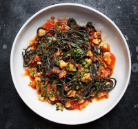 Squid Ink Pasta with Shrimp, Nduja, and Tomato Recipe ... image