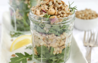 Layered Mason Jar Farro and Chickpea Salad Recipe by ... image