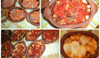 Earthenware Dishes with Meat, Potatoes and Tomatoes ... image