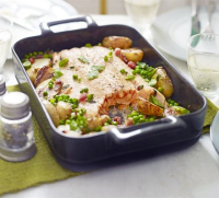 Roast salmon with peas, potatoes & bacon - BBC Good Food image