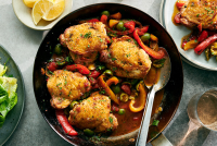 Skillet Chicken With Silky Peppers and Green Olives Reci… image