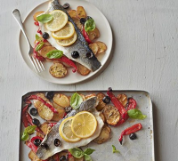 Roast sea bass & vegetable traybake recipe | BBC Good Food image