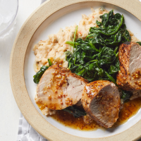 Honey-Mustard Pork with Spinach & Smashed White Beans ... image