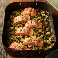 Garlic Roasted Salmon & Brussels Sprouts Recipe | Eati… image