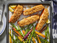 Crispy Sheet Pan Salmon with Lemony Asparagus and Carrots image