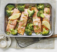 Soy salmon & broccoli traybake recipe - BBC Good Food image