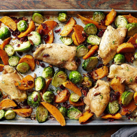 Maple-Roasted Chicken Thighs with Sweet Potato Wedges an… image