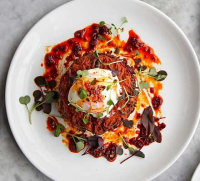 Sweet potato cakes with poached eggs recipe | BBC Good Food image