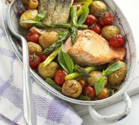 One-pan salmon with roast asparagus recipe - BBC Good Food image