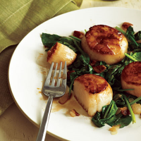 Pan-Seared Scallops with Bacon and Spinach Recipe | MyRecipes image