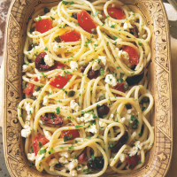 Spaghetti with Tomatoes, Black Olives, Garlic, and Feta Cheese image