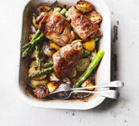 Rosemary roast chicken thighs, new potatoes, asparagus ... image