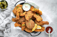 Golden beer-battered fish with chips recipe | BBC Good Food image